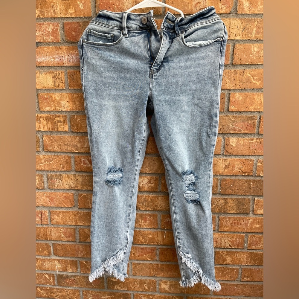 Denim jeans, frayed bottom, distressed jeans, size 8P